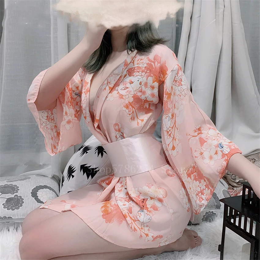 Sexy Woman Japanese Yukata Sleepwear Lovely Anime Printed Kimono Bathrobe Lady Elegant Short Chiffon Lingerie Nightgown