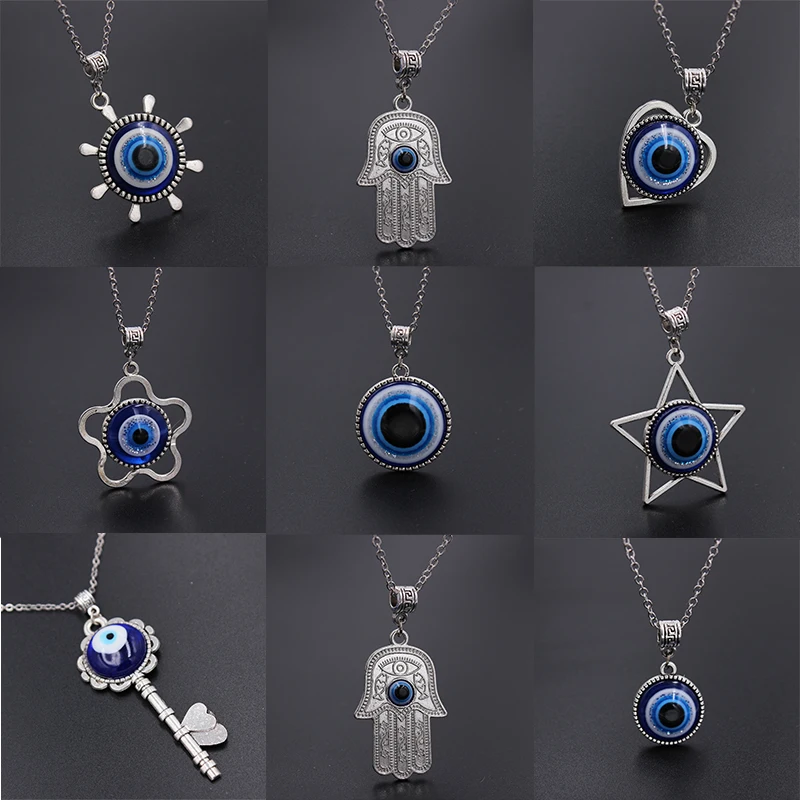 1PC Heart Star Blue Evil Eye Pendant Necklace For Women Alloy Key Sun Fatima Hand Round Eye Necklace Choker Jewelry N309