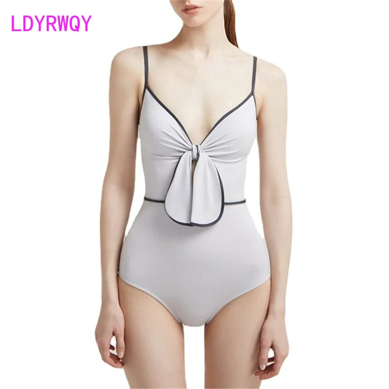 2021 new bow knot one-piece bikini women ins wind retro sexy slim high waist swimsuit women