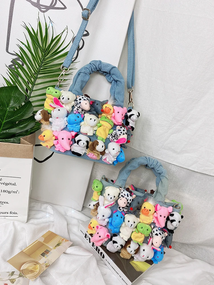 Fashion Women Denim Bucket Cartoon Toy Decoration Handbags and Purses for Female Cute Dolls Design Shoulder Bags Crossbody Bags