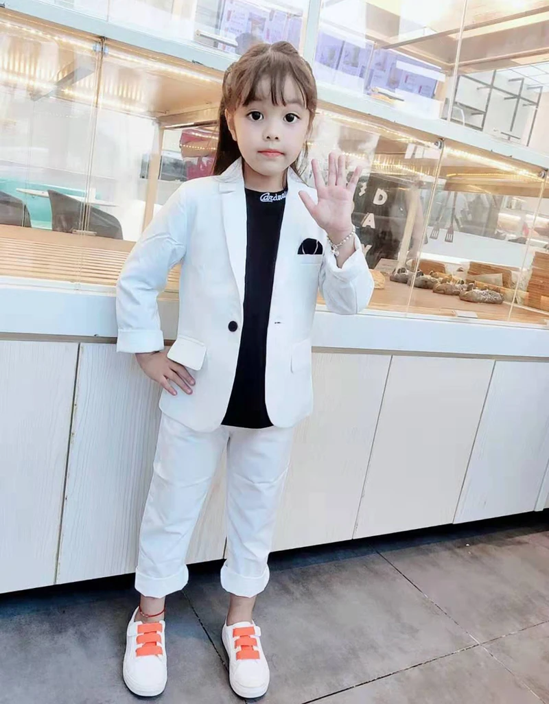 2021 Girls White Wedding Suit Kids Jacket+Vest+Pants 3Pcs baptism Tuxedo Clothing Set Children Graduation Party Costume