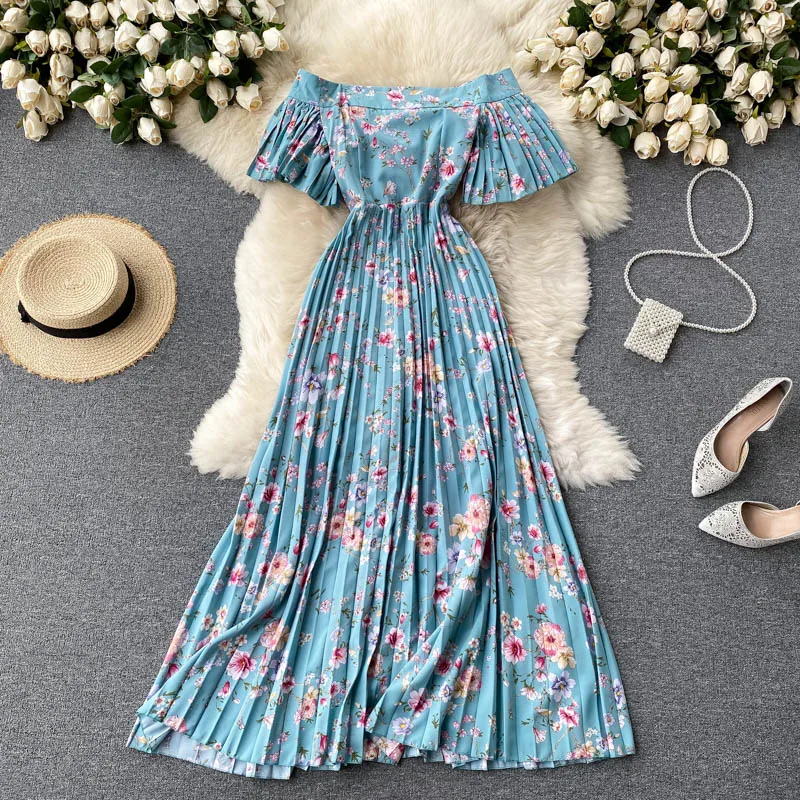 

Elegant Women Floral Pleated Dress Sexy One word collar Flare Sleeve Chiffon Strapless Dress Summer Holiday Robe Female Vestidos