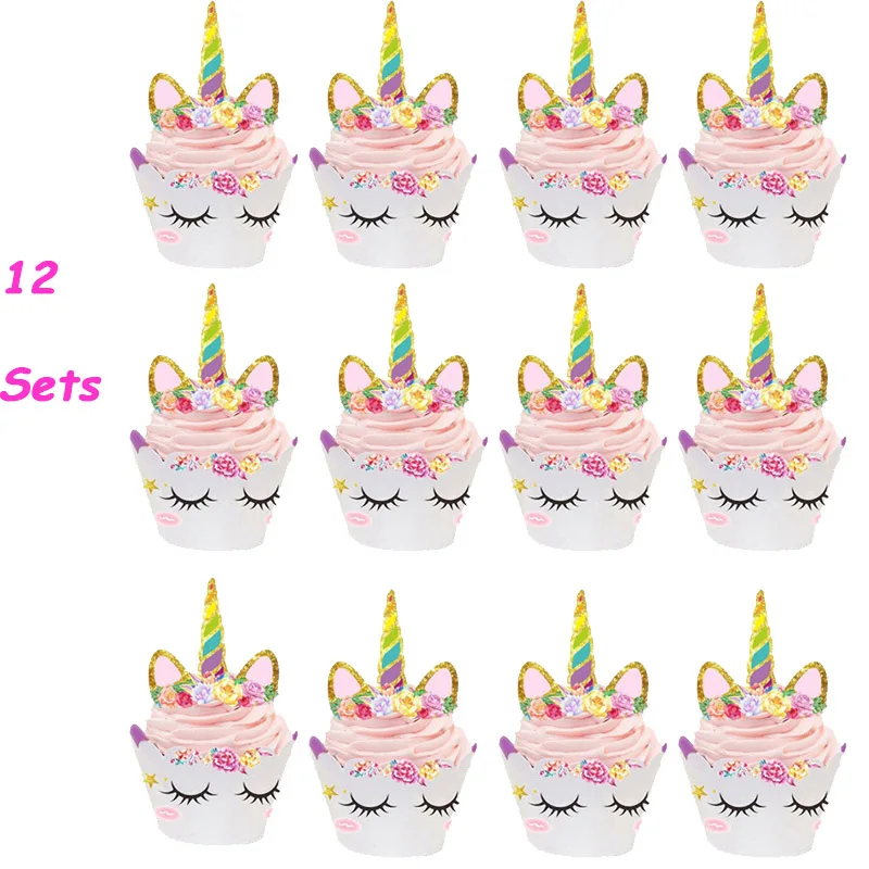 Envoltorios de unicornio arcoíris para cupcakes, adornos para tartas de fiesta de cumpleaños, suministros de fiesta de unicornio para Baby Shower