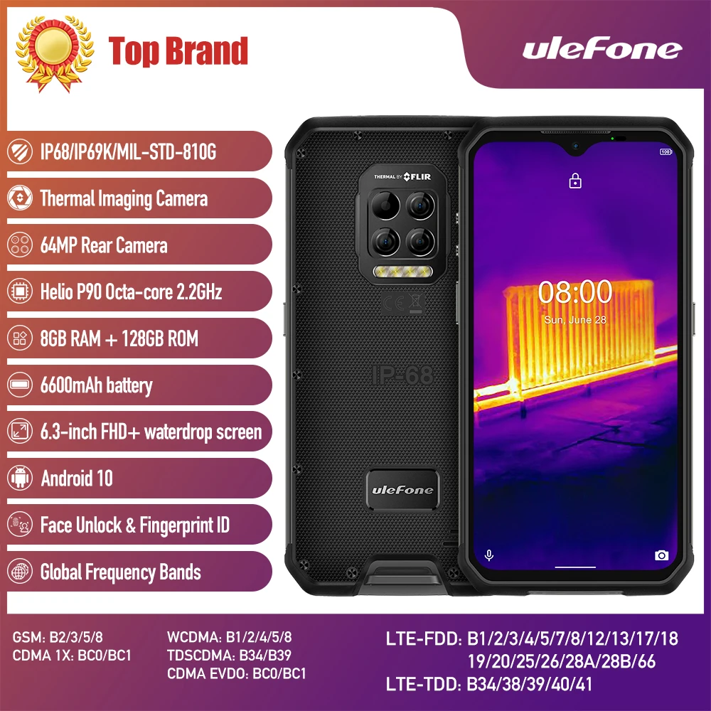 Ulefone Armor 9 Thermal Imager Camera Smartphone, Rugged Mobile Phone, Android 10, Helio P90 Octa-Core, 8GB + 128GB, 6600mAh