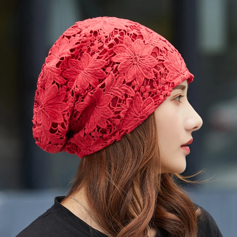 Women hats spring summer thin bonnets for women designer lace flower skullies headscarf hat autumn latest turban beanies fashion