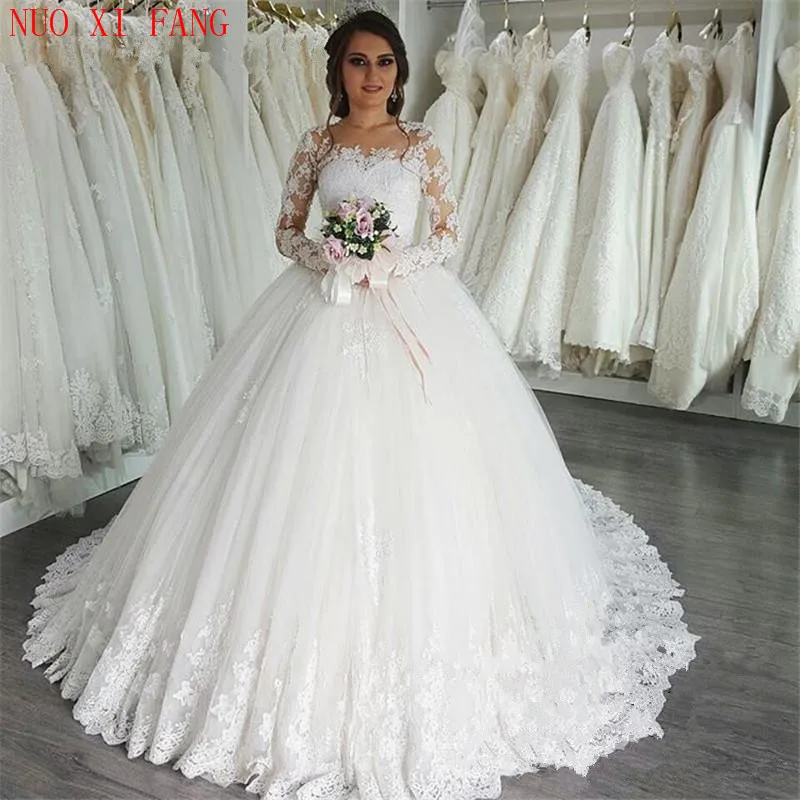 Abito da sposa arabo personalizzato con applicazioni in pizzo Abito da sposa 2025 bruidsjurken maniche lunghe Illusion Scoop Neck Abito da sposa principessa