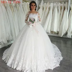 Arabic Design Ball Gown Lace Applique Wedding Dress 2023 bruidsjurken Long Sleeves Illusion Scoop Neck Princess Bridal Gown