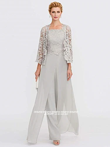 

Chiffon Mother Of The Bride Groom Dresses Pantsuits Set Lace Jacket Silver Grey 3 Pieces Slit Wedding Party Guest Gown Pant Suit