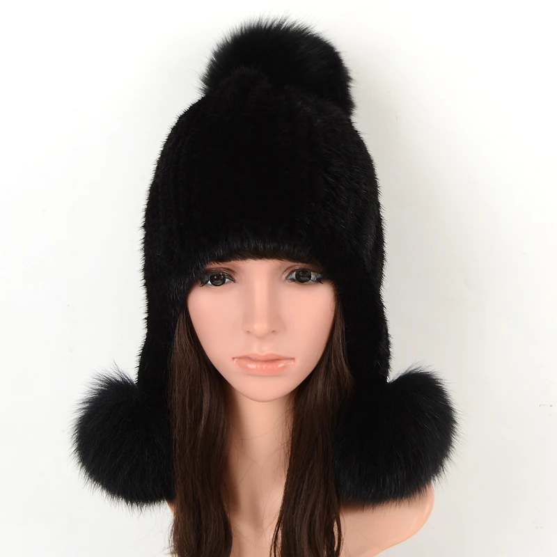 Real Mink Fur Knitted Hats Autumn Winter Hat Womens Luxury Winter Lady Warm Caps Real Fur Fox Ball Earmuffs Women Knitted Hats