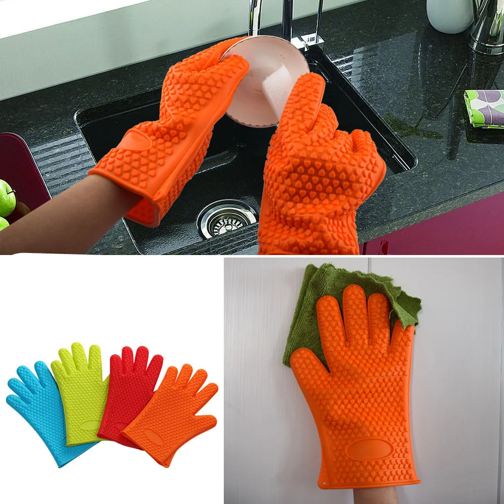 1 Pair Kitchen Heat Resistant Silicone Glove Oven Pot Holder Baking BBQ Cooking Mitt Safety Gloves