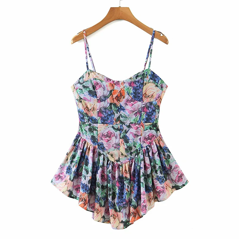 YENKYE Vintage Multicolor Floral Print Sexy Sling Dress Women Summer Chiffon Super-Short Dress Holiday Beach Sundress Vestido