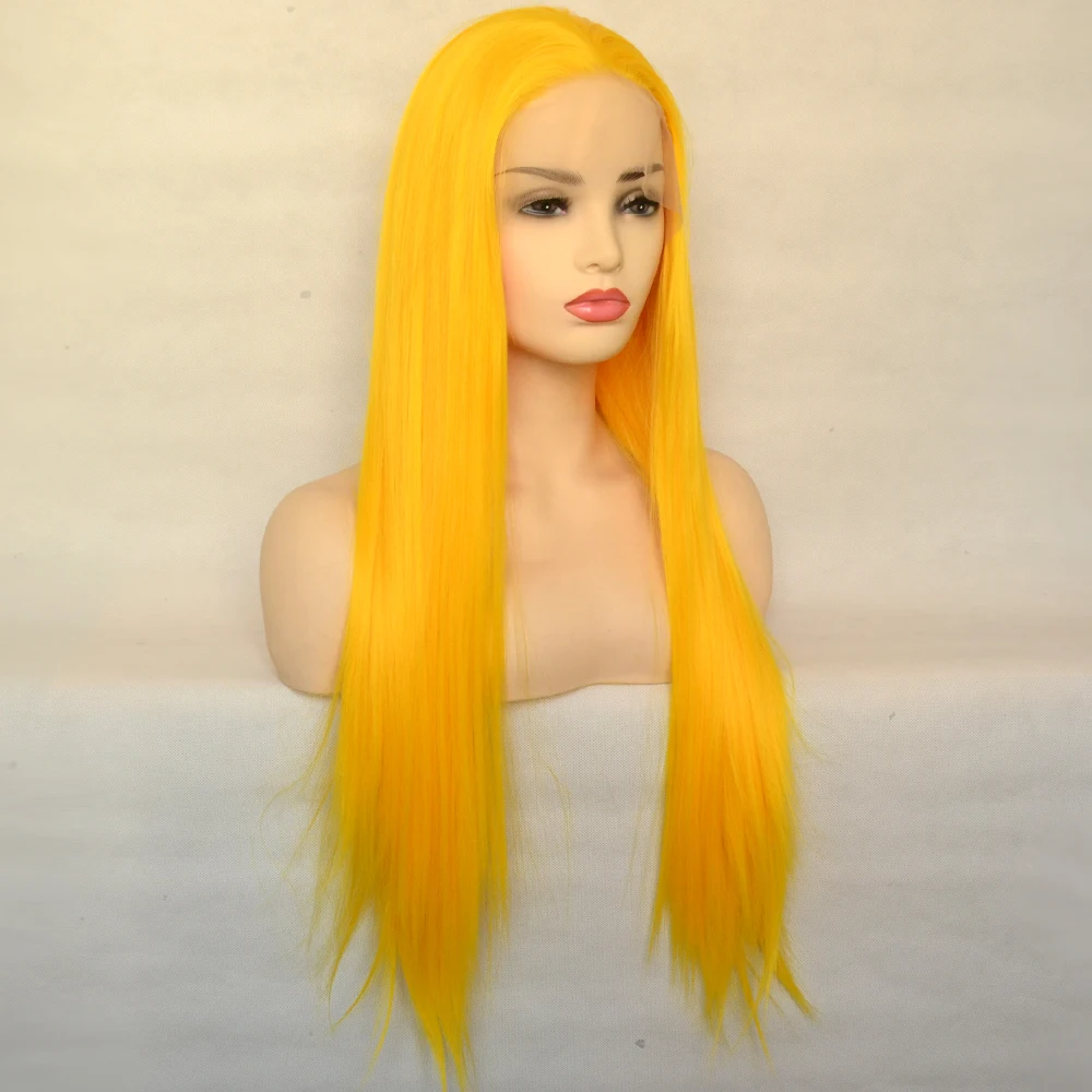 Wig Depan Renda T Sintetis Kuning Voguequeen Cosplay Garis Rambut Alami Serat Tahan Panas Lurus Sutra untuk Wanita