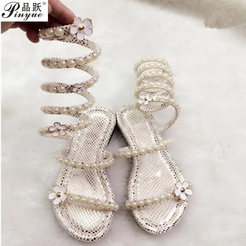 New Arrive Snake Women Summer Shoes women sandals Pearl Flowers Around Women Gladiator Sandal women Boots 34--41