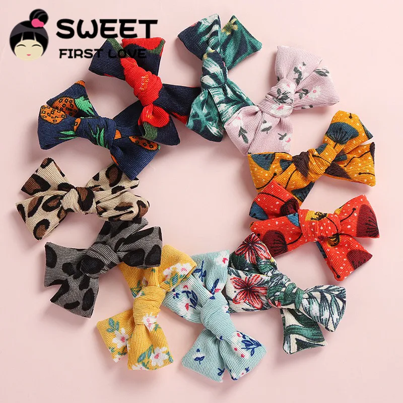 Neue Knoten Bögen Blumen Drucke Haar Clips, Schule Mädchen Entfernen Drucken Hairpints Mit Leopard Drucke, nette Corduory Stirnband Haar Tragen