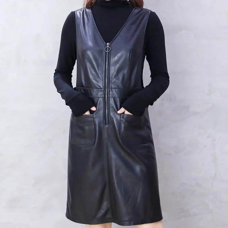 Leather Genuine Dress Womens Black V-Neck Pockets Slim High Waist Sheepskin A-Line Dress Office Lady Knee Length Elegant Dress