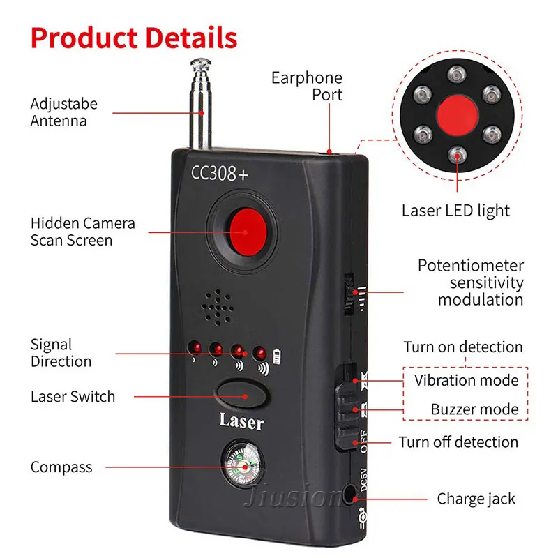 CC308+ Mini Anti Candid Camera Detector Anti-Spy Hidden Camera Laser Audio Signal Bug Small Full-range WiFi RF GSM Device Finder