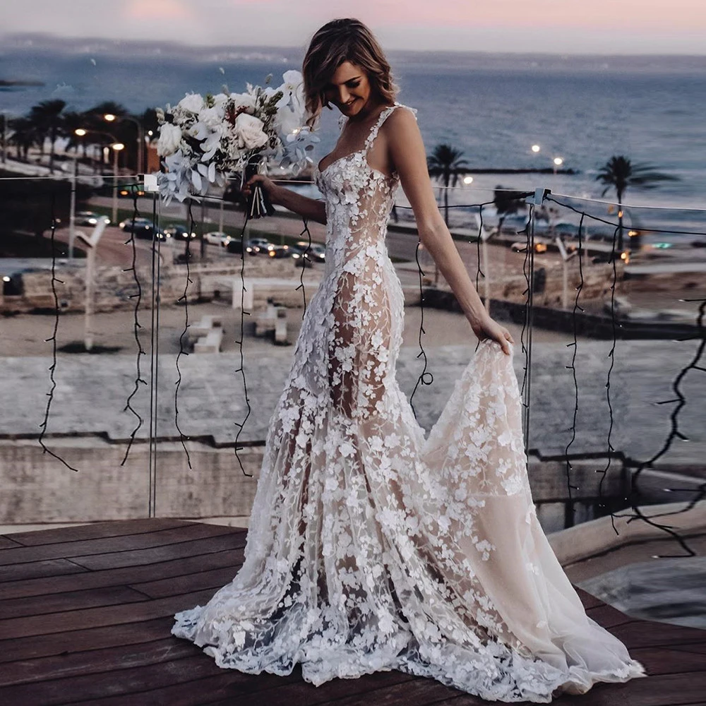 Vestido de novia transparente con apliques 3D de lujo, cuello en V, encaje sin espalda, funda hecha a medida, vestidos de novia florales bordados de talla grande