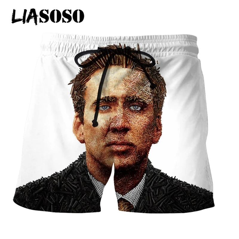 LIASOSO 3D Print Unisex Movie Star Nicolas Cage Men\'s Shorts Beach Casual Boardshorts Joggers Trousers Loose Sport Funny Pants