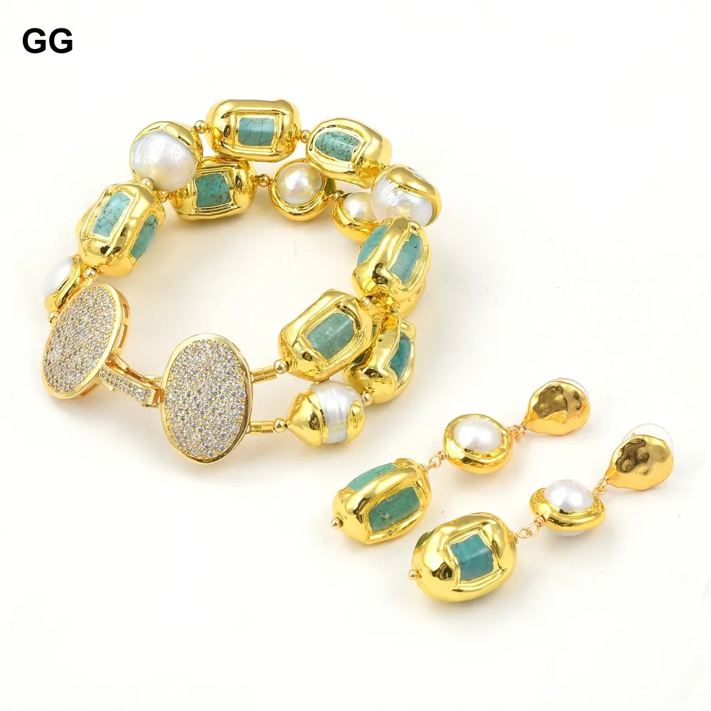 

GuaiGuai Green Turquoise Cultured White Pearl With Electroplated Edge Bracelet Earrings Sets Cubic Zirconia Pave Clasp For Women