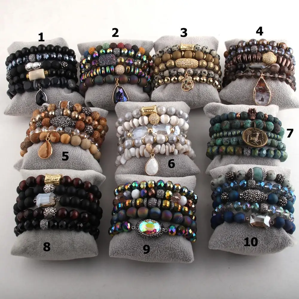 RH Fashion Jewelry Beautiful Beaded Bracelet Set Natural Stone Cubic Zircon Ball Crystal Pave Wristband bangles