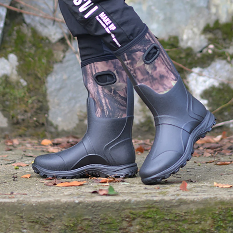 Camouflage Neoprene Short High Rubber Waterproof Rainshoes Warm Soft Outdoor Fishing Hunt Boots with Maple Handle Rubber Wellies