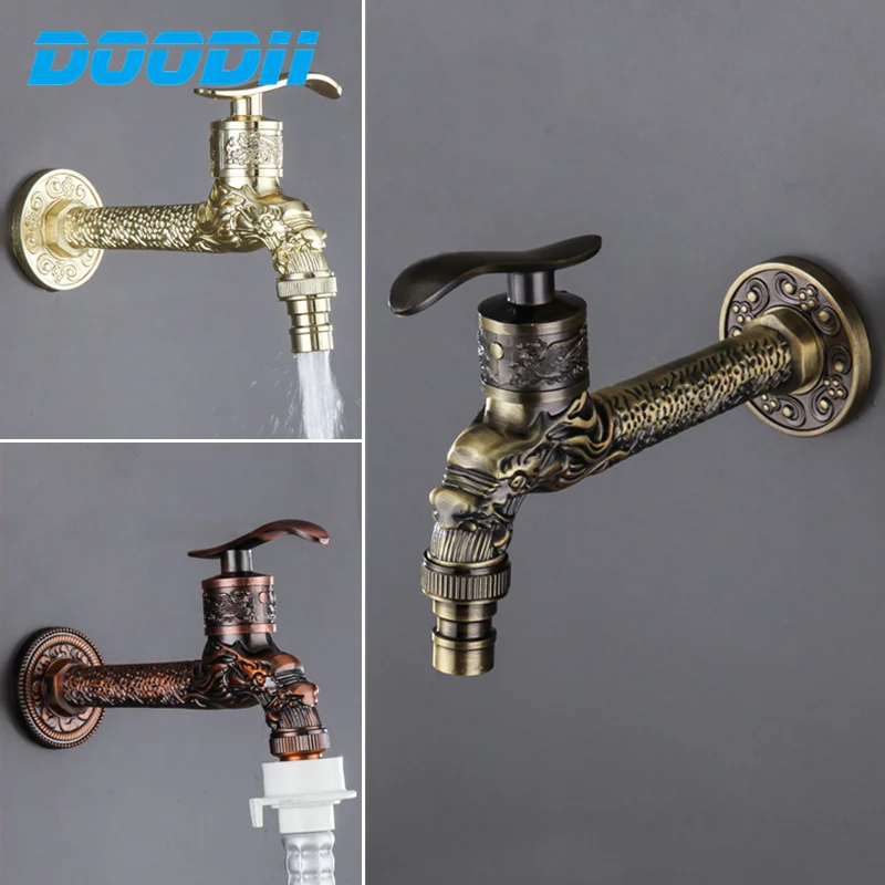 Doodii Lengthen Carved Wall Mount Pool Garden Sink Faucet Brass Antique Garden Bibcock Home Tap Watering Fitting Faucet Adapter