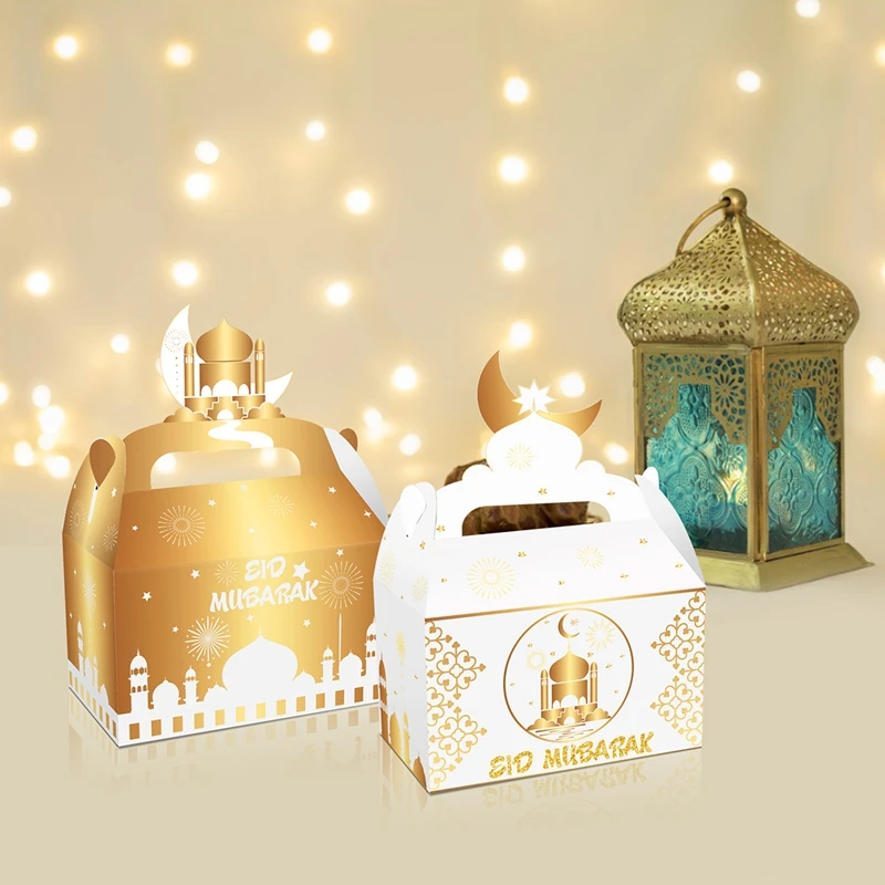 Sac cadeau Eid Mubarak avec poignée, papier de fête, boîte à bonbons, fournitures pour enfants, faveurs de fête, décor harcèlement Fitr Ramadan Mubarak, 4 pièces