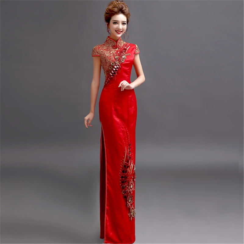 

Evening Dress Retro Clothes Wedding Dress Vintage Chinese Style Cheongsam Womens Long Gown Qipao red Party dress