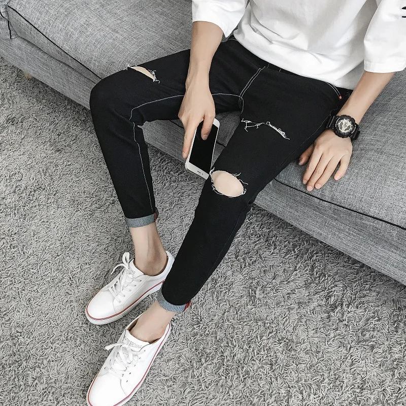 Spring Autumn 2022 Teenagers Pants Cut Holes Small Feet Korean Slim Casual Jeans Handsome Men\'s Pants Students Prncil Pants