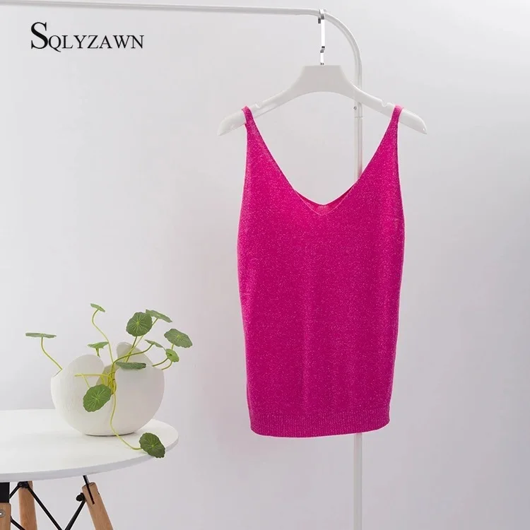 Women 2020 Sexy V Neck Knitted Tank Top Glitter Vest Summer Camisole Women Bright Silk Tank Top Casual Femme Camis Tee 18 Colors