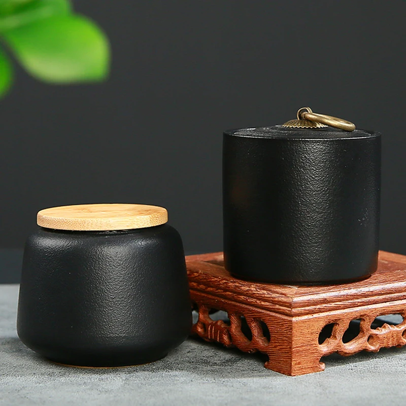 Black Frosted Ceramic Tea Caddy Sealed Candy Nut Storage Jar Home Jewelry Box with Lid Kitchen Food Storage Container Home Decor