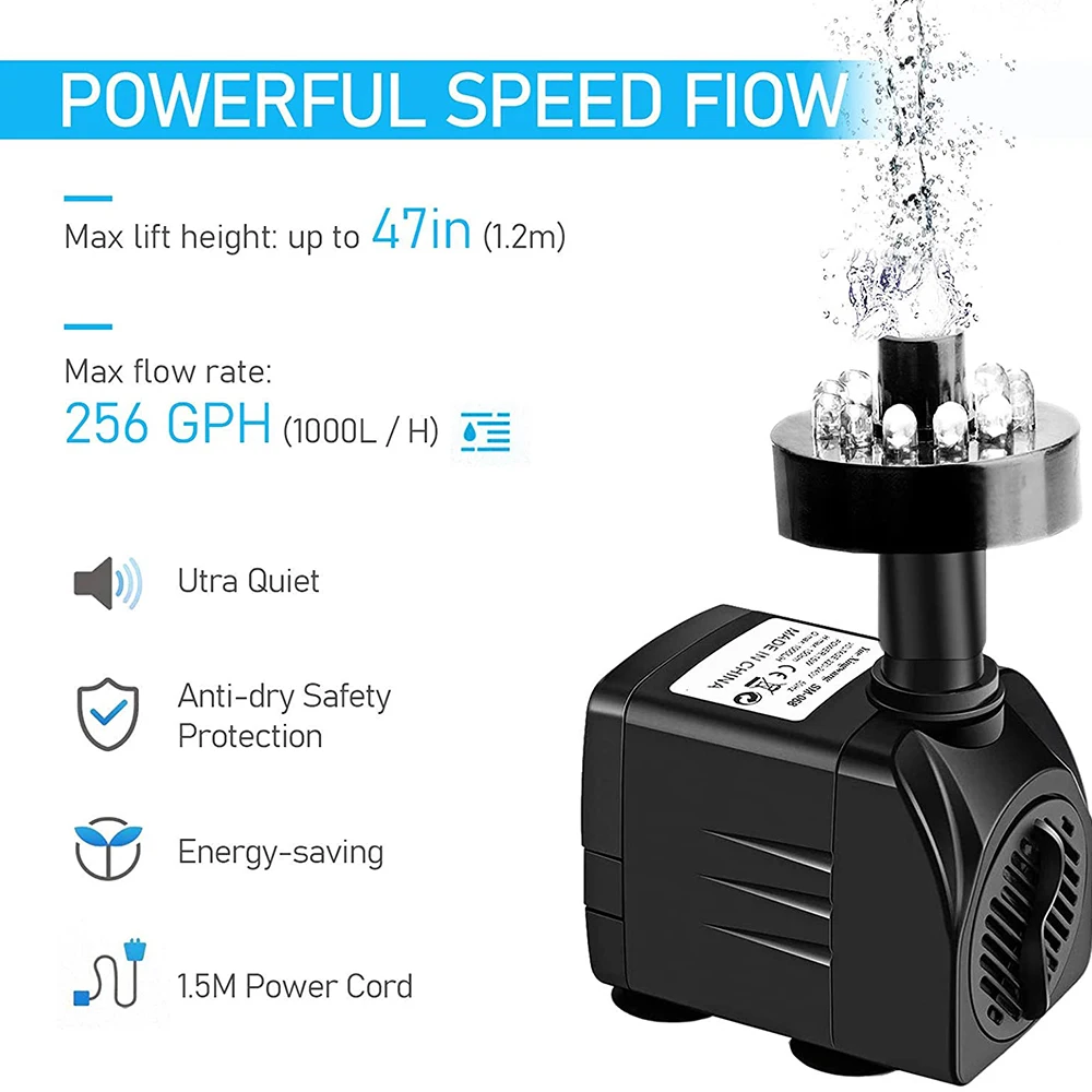 15W Ultra-Quiet Submersible Water Pump With 12 LED Lights Aquarium Water Fountain Pump Filter Fish Tank Pond LED Water Pump D30