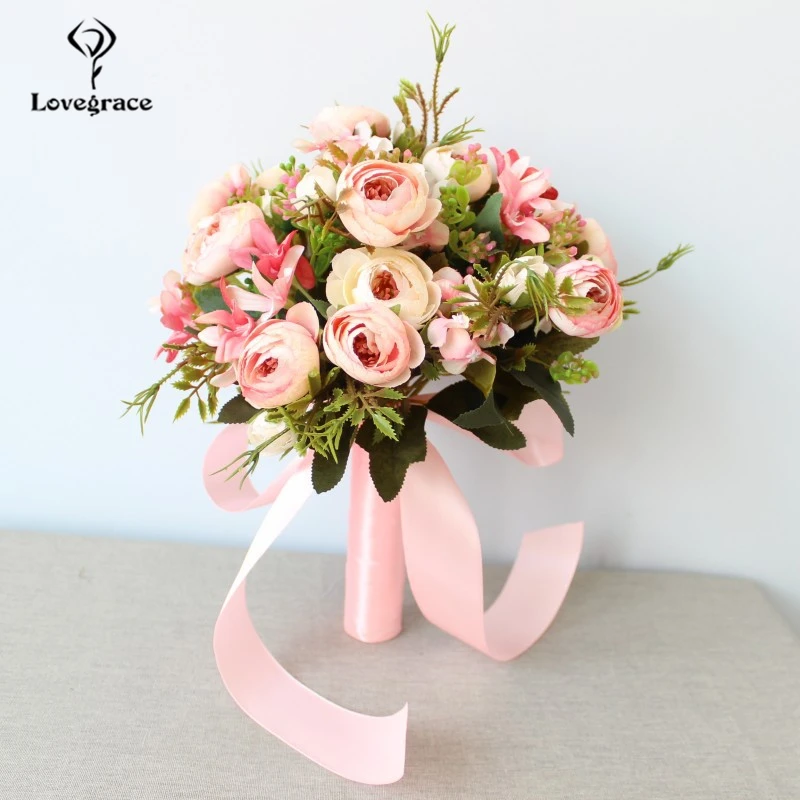 Lovegrace-buquê de flores artificiais, flor falsa, rosa, peônia, damas de honra, buquê de flores, flor, botão, menina, margaridas, casa, flores de casamento