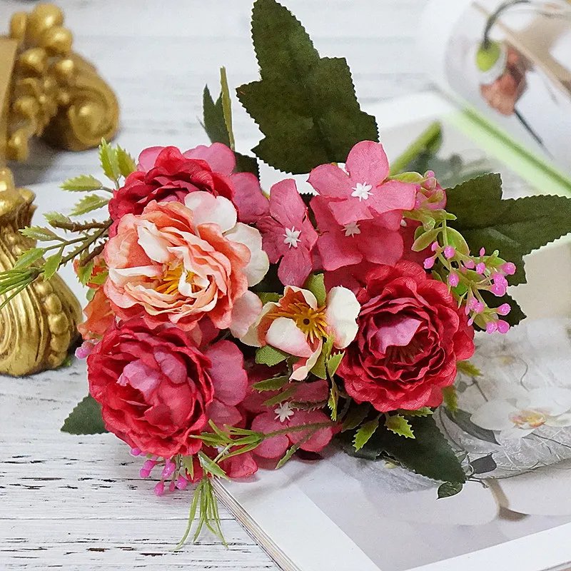 Silk Artificial Flowers Peony Small Rose Wedding Wreath Fake Plants Festival Supplies Home Room Table Decorati Bouquet Diy Gifts