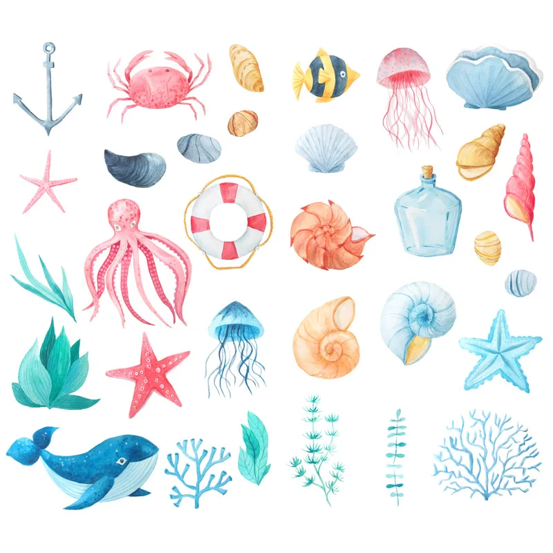 1 PCS Watercolor Sea Grass Shell Scrapbook Book Journal Stationery Stickers Travel Diary Agenda Album Aesthetic Supplies vv