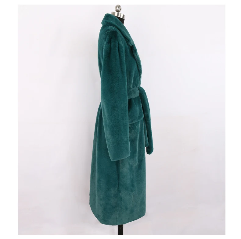 Nerazzurri Winter Long Green Warm Soft Loose Fluffy Faux Fur Coat Women Belt Lapel Elegant Luxury Designer Korean Fashion 2021