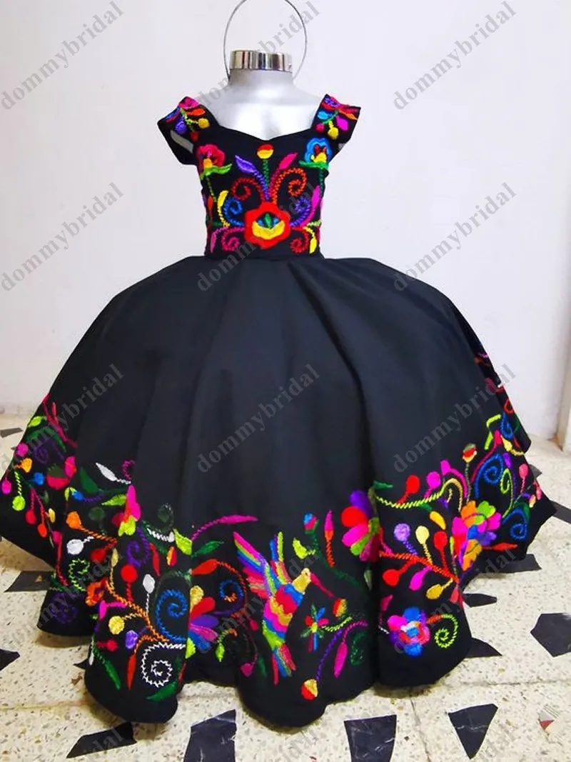 2023 colorido flor bordado sexy preto bola vestido para meninas quinceanera concurso baile de formatura vestidos formais para crianças meninas pequenas mexicana