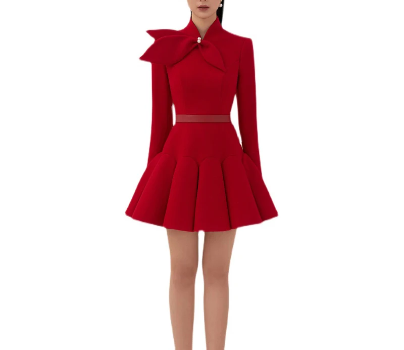 tailor shop light red wool dress Retro Slim  female light luxury dress Semi-Formal Dresses