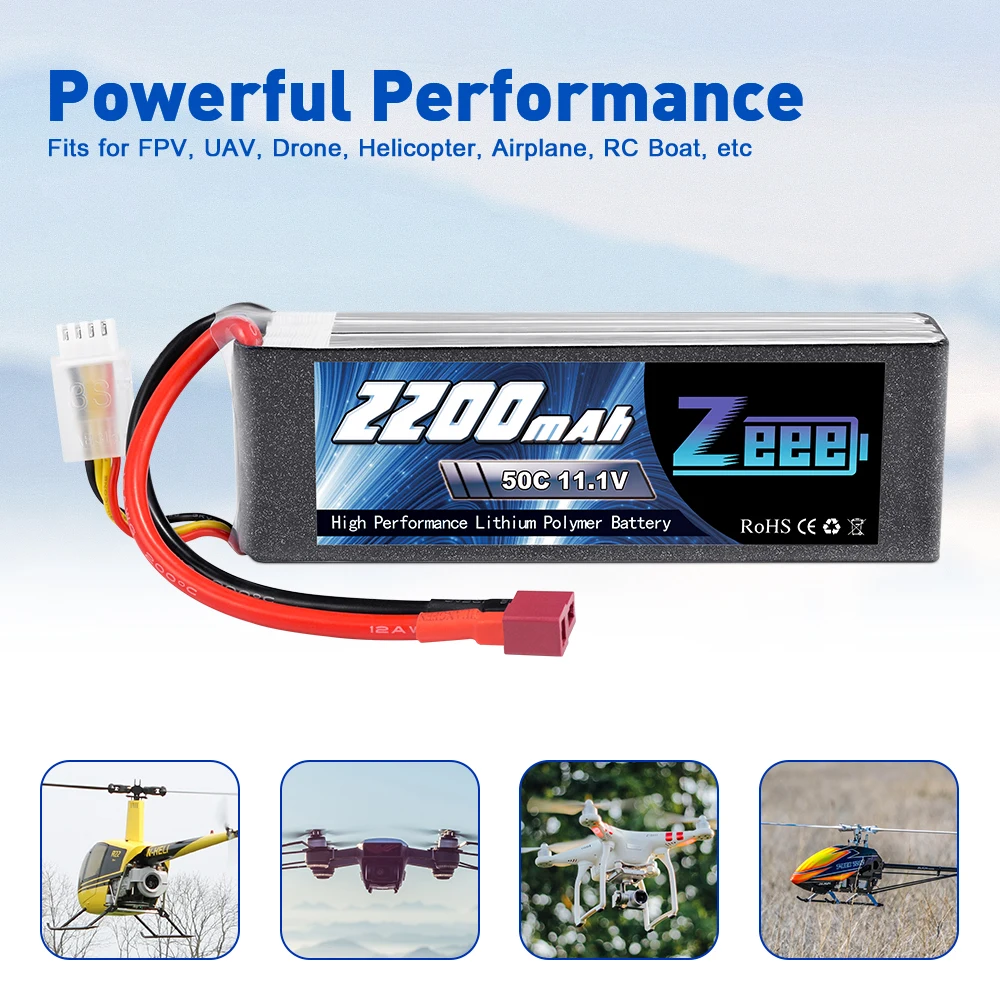 Batería LiPo 2 piezas Zeee 3S, 2200mAh, 11,1 V, 50C, Softcase con enchufe decanos para coche, helicóptero, Dron, barco, avión, piezas de modelo RC