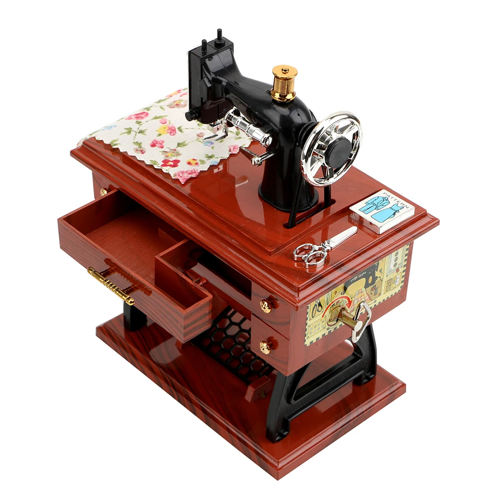 Mini caixa de música estilo máquina de costura, plástico, manivela, vintage, presente de natal, ano novo, aniversário
