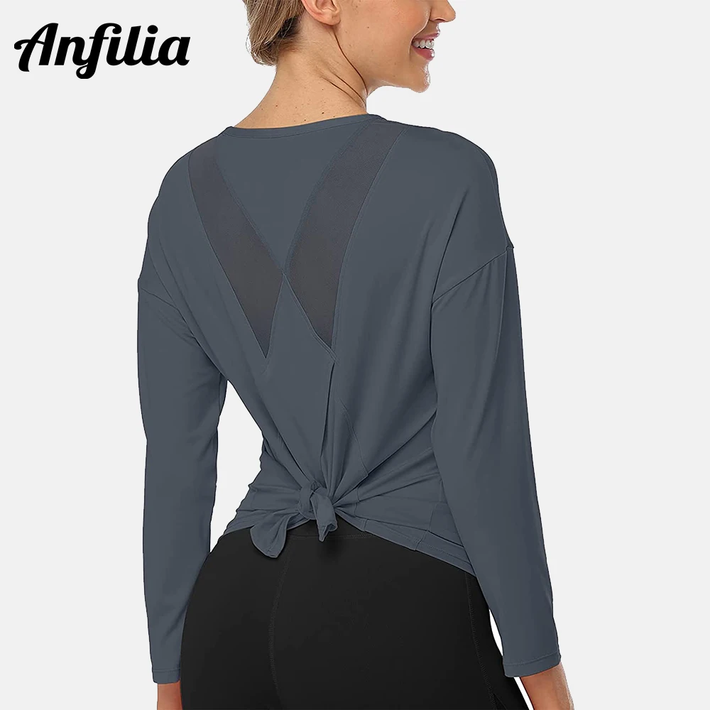 

Anfilia Women's Workout Shirts Long Sleeve Tie Back Breathable Mesh Patchwork Yoga Tops