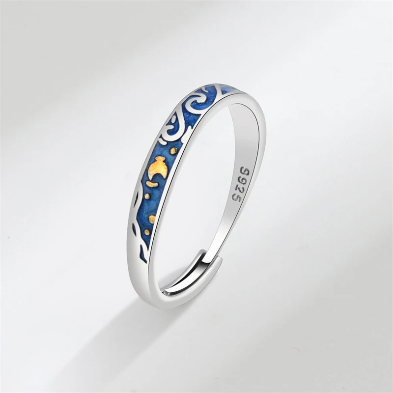 KOFSAC New Fashion 925 Sterling Silver Rings For Women Romantic Creative Van Gogh\'s Starry Sky Oil Painting Ring Couple Jewelry