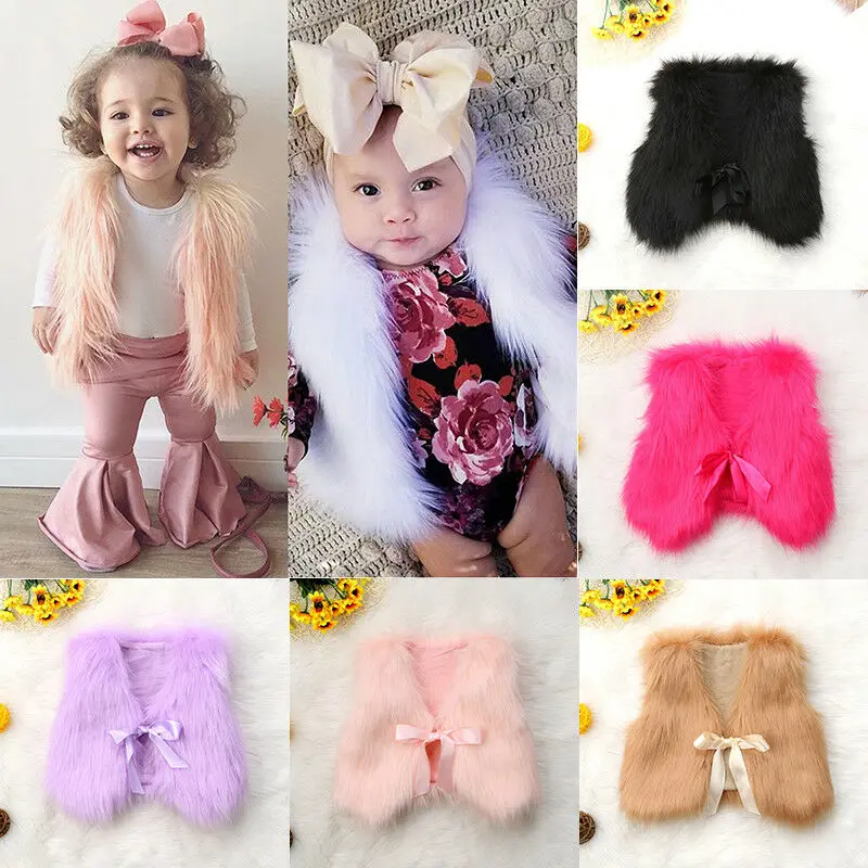 New Toddler Baby Girls Kids Winter Faux Fur Vest gilet senza maniche Solid Bowknot Belt Warm Coat Outwear Warm Jacket