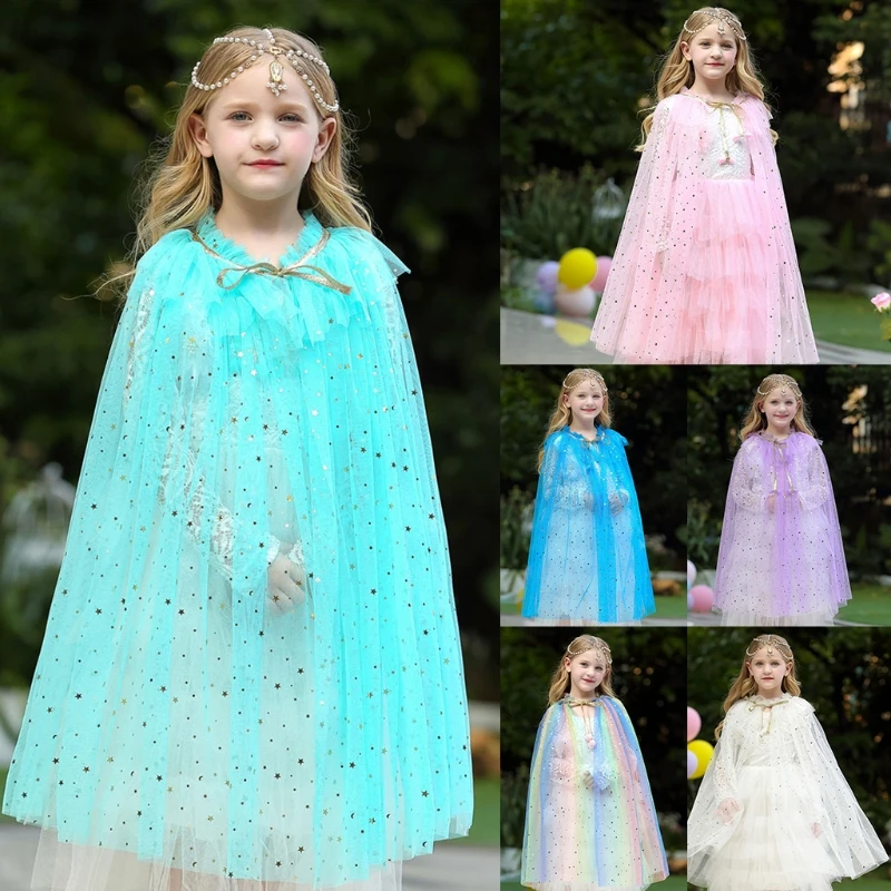 Kids Girl Fairy Cape Princess Candy Color Glitter Star Sequins Cloak Tulle Shawl NEW