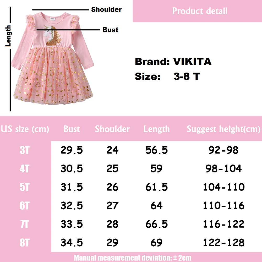 VIKITA Girls Princess Dress Unicorn Sequins Long Sleeve Autumn Dress Kids Birthday Party Wedding Tulle Dresses Children Clothing