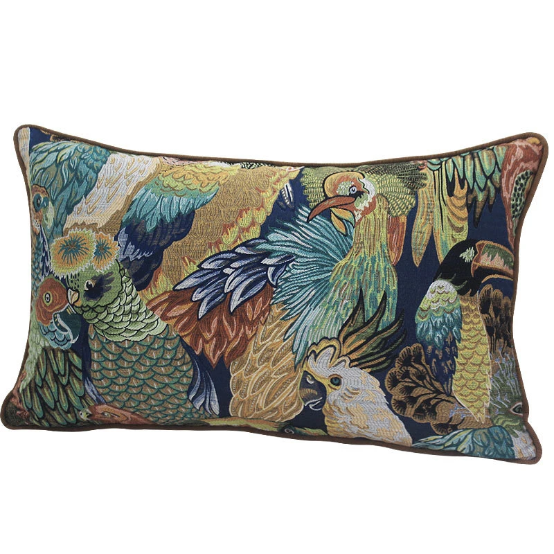 Medicci Home Parrot Birds Embroidered Cushion Cover American Retro Lumbar Pillow Case Outdoor Garden Patio Pillowcase Luxury