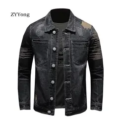 European Style Embroidery Bomber Pilot Tattered Black Denim Jacket Men Jeans Coat Motorcycle Casual Slim Outwear Clothing