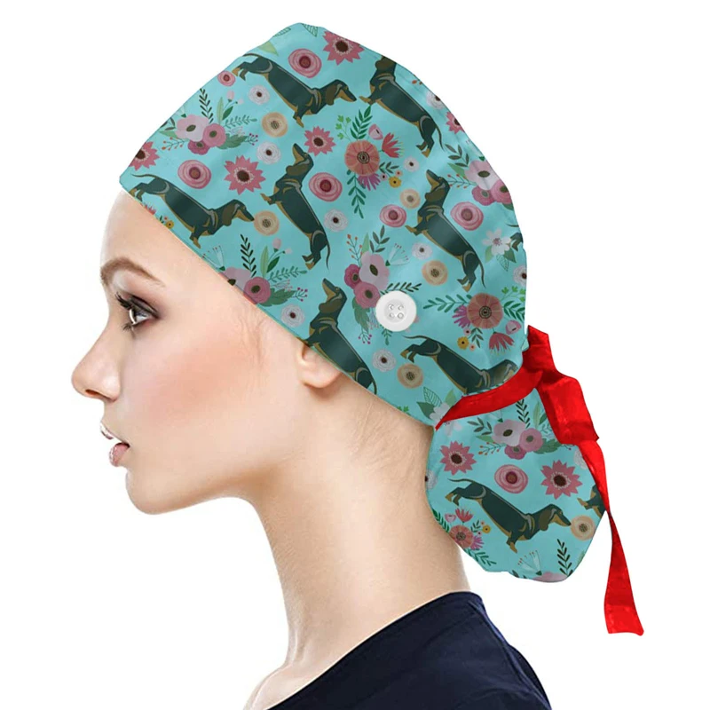 17 Colors Multi-purpose Adjustable Ribbon Tie Printed Button Hat Comfortable Moisture Wicking Unisex Medical Clean Cook Work Cap
