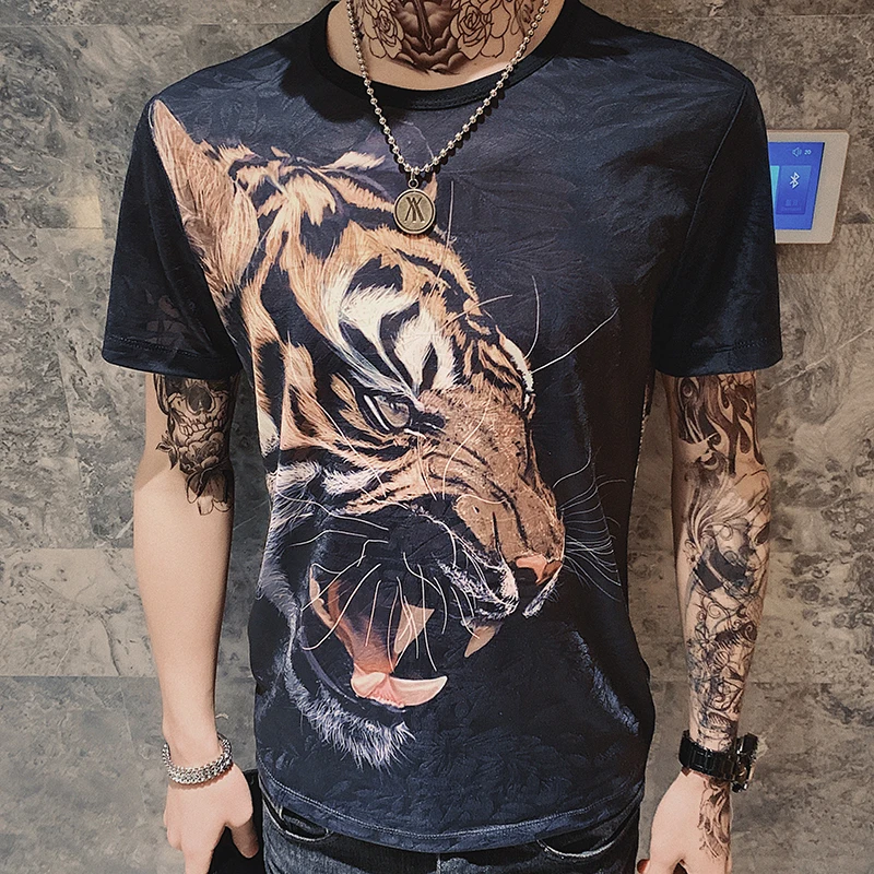 Tiger Head Printing T Shirts Mens Social Camisa Homens 2020 Summer Night Club Outfits Slim Fit Short Sleeves Mode Man Kledin