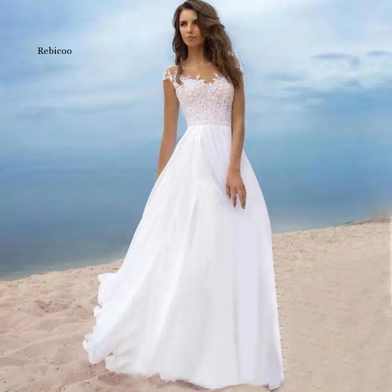 Sexy Beach Wedding Dress Floor-Length A-Line White Chiffon Bridal Gown Slit Front Lace-Up Back Vestidos De Novia Vestido